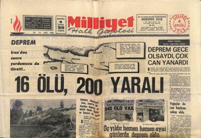 Milliyet Halk Gazetesi 4 Eylül 1968 - Deprem İrandan Sonra Yurdumuzu da Titretti... 16 Ölü , 200 Yaralı GZ117962 - 1