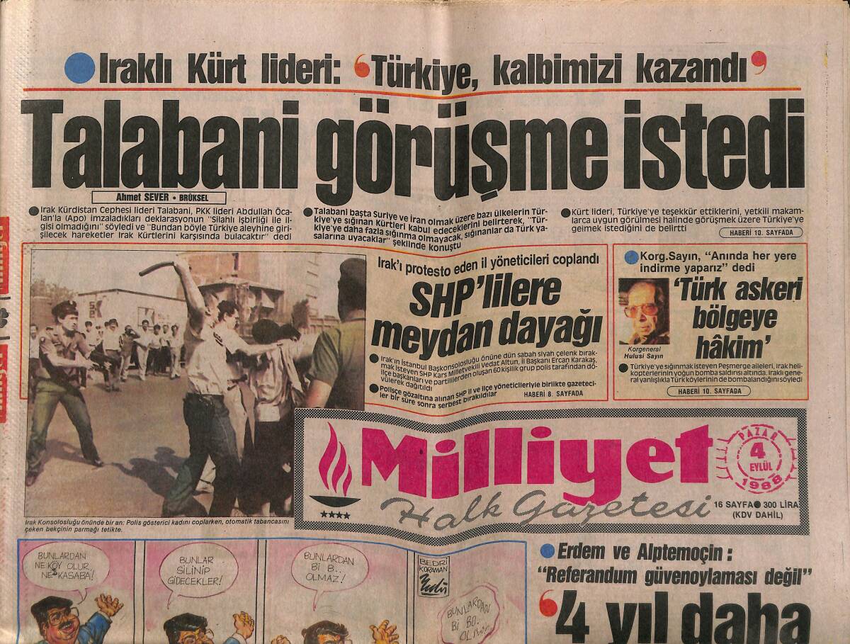 Milliyet Halk Gazetesi 4 Eylül 1988 - Talabani Görüşme İstedi - Menderes,Zorlu Ve Polatkan'ın Mezarları Yenilendi GZ149571 - 1