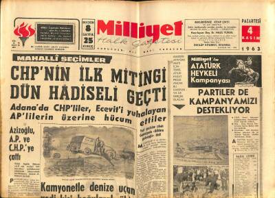 Milliyet Halk Gazetesi 4 Kasım 1963 - Yunanistanda Dün Seçimler Yapıldı - CHPnin İlk Mitingi Dün Hadiseli Geçti GZ118551 - 1