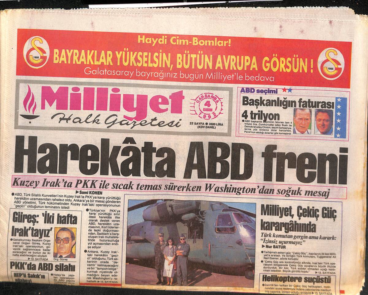 Milliyet Halk Gazetesi 4 Kasım 1992 - RP'nin Zaferi , Sağ Partileri Birbirine Düşürdü - PKK'da ABD Silahı GZ132559 - 1