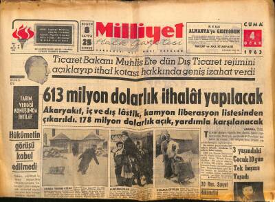 Milliyet Halk Gazetesi 4 Ocak 1963 - Gazete Kâğıdı İthalinin Serbest Bırakılması İstendi GZ117638 - 1
