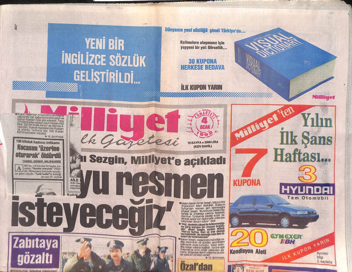 Milliyet Halk Gazetesi 4 Ocak 1992 - Dünya Türkleri Konseyi Kurulacak - Kosecki Granti Verdi GZ132896 - 1