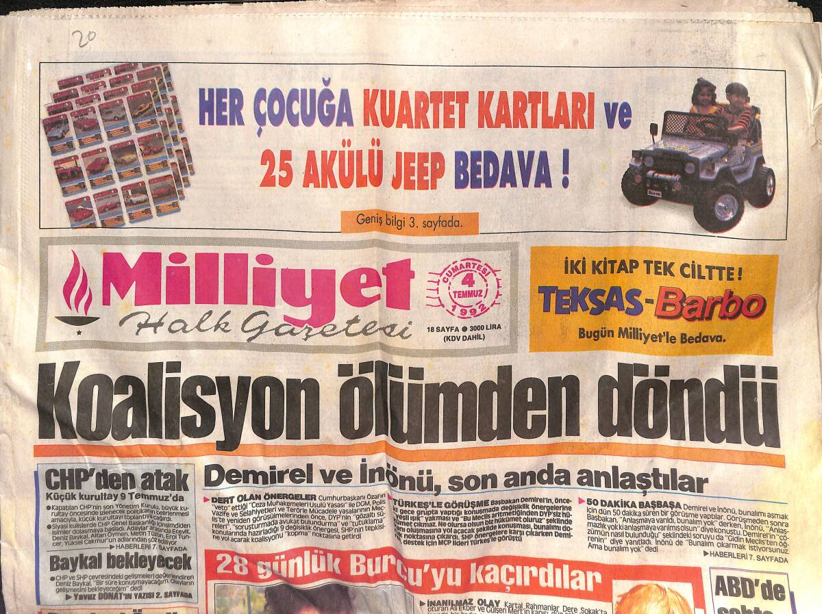 Milliyet Halk Gazetesi 4 Temmuz 1992 - Galatasaray Götz'de Kararlı - CHP'de Liderlik GZ152456 - 1
