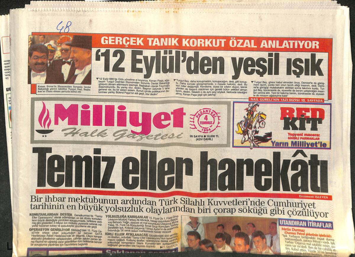 Milliyet Halk Gazetesi 4 Temmuz 1994 - Clinton'ları Şaşırtan Türk Sefire - 12 Eylül'den Yeşil Işık GZ153029 - 1