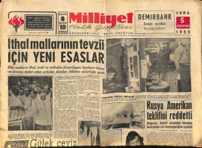 Milliyet Halk Gazetesi 5 Ağustos 1955 - Kıbrısta Üçlü Konsey Kuruldu - İthal Mallarının Tevzii İçin Yeni Esaslar GZ124395 - 1