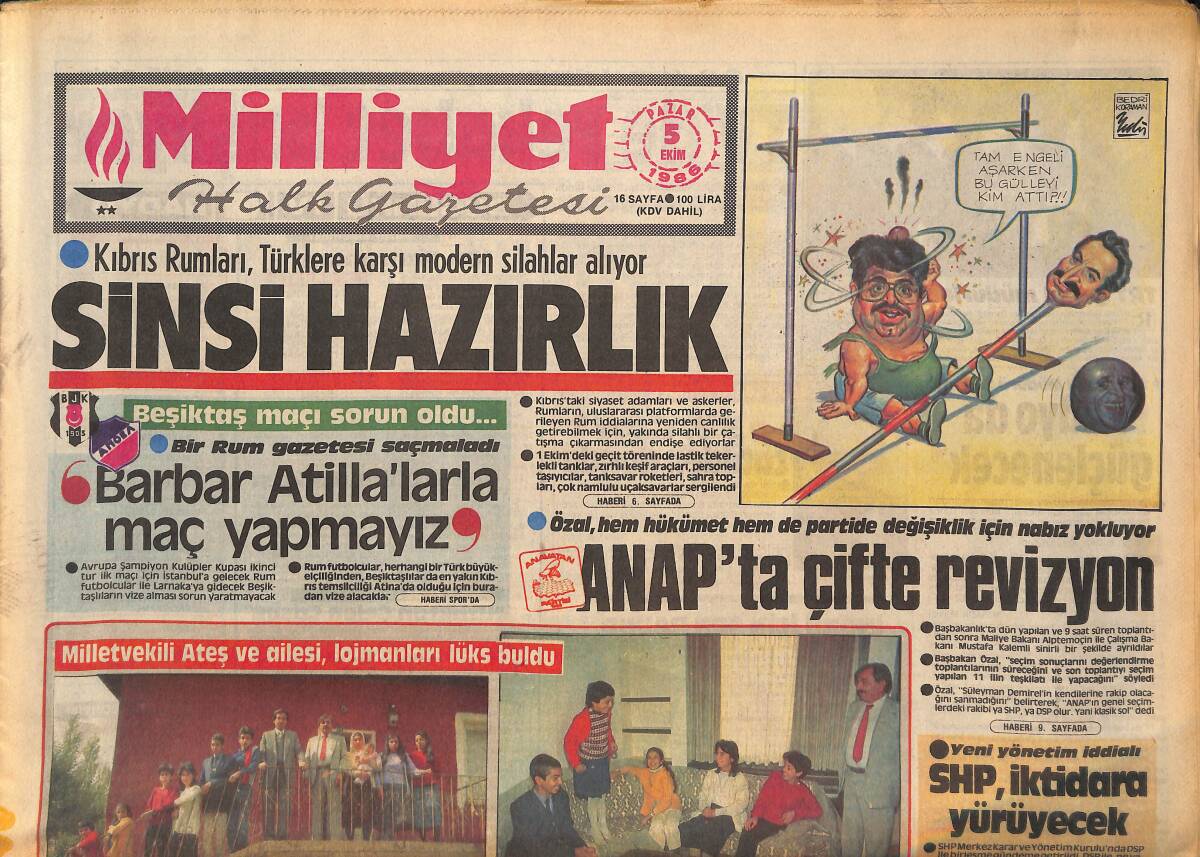 Milliyet Halk Gazetesi 5 Ekim 1986 - Kıbrıs Rumları , Türklere Karşı Modern Silahlar Alıyor - ANAP'tan Çifte Revizyon GZ133096 - 1