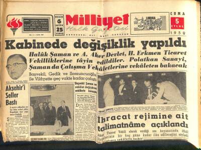 Milliyet Halk Gazetesi 5 Eylül 1958 - Gülek Samsun Valisine Teşekkür Mektubu Yazdı - Orhan Mersinli Dün İstifa Etti GZ118072 - 1