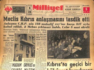 Milliyet Halk Gazetesi 5 Mart 1959 - Madam Grivasın Evinde Matem Havası Var GZ86080 - 1