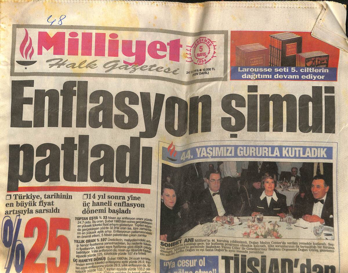 Milliyet Halk Gazetesi 5 Mayıs 1994 - Çiller'e Ültimatom - Kupa'nın Kralı Beşiktaş - Kalli Servet İstedi GZ153010 - 1
