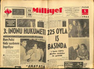 Milliyet Halk Gazetesi 5 Ocak 1964 - 3.İnönü Hükümeti 225 Oyla İş Başında GZ91553 - 1