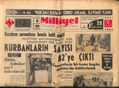 Milliyet Halk Gazetesi 5 Şubat 1963 - Vergi Tasarılarının Görüşülmesi Başladı - Trakyada Kardan Sonra Sel Başladı GZ117816 - 1