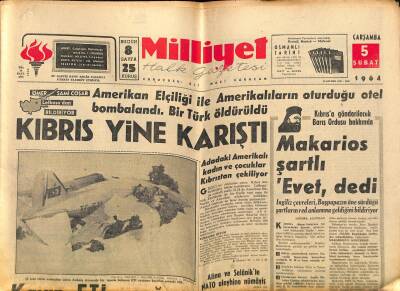 Milliyet Halk Gazetesi 5 Şubat 1964 - Kayıp ETİ Uçağının Enkazı Bulundu - Kıbrıs Yine Karıştı GZ121382 - 1