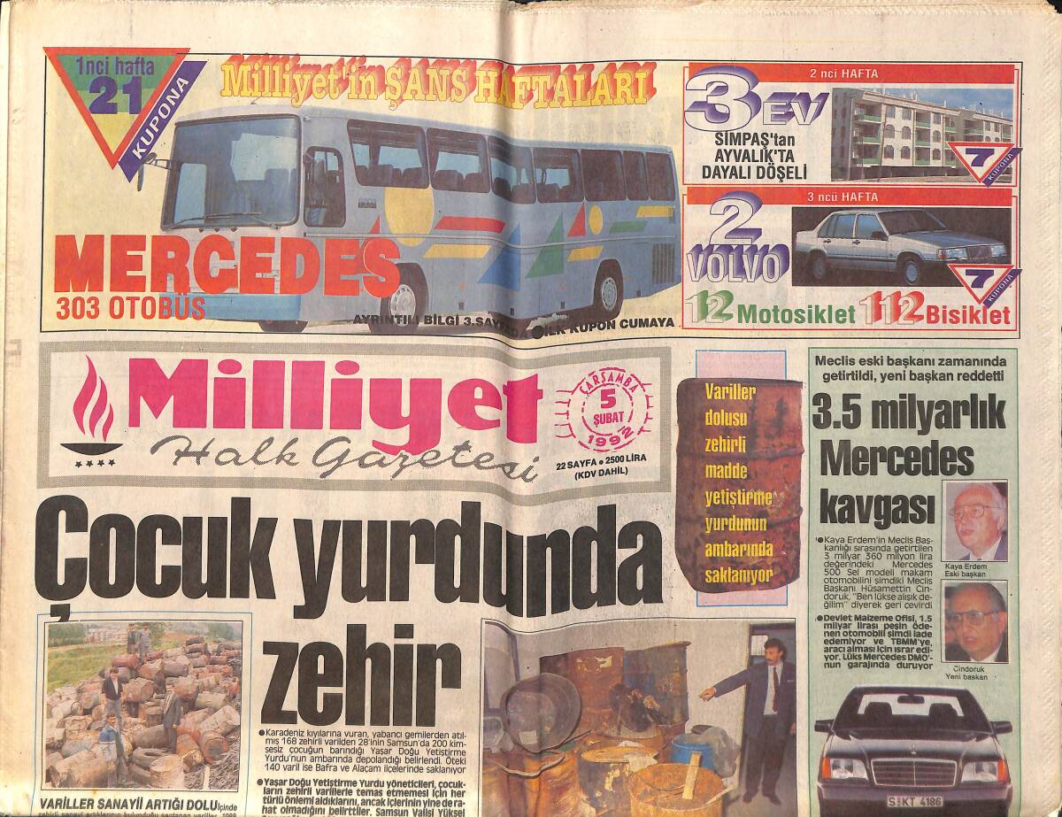 Milliyet Halk Gazetesi 5 Şubat 1992 - Çiller'e Ambargo - 3.5 Milyarlık Mercedes Kavgası GZ157865 - 1