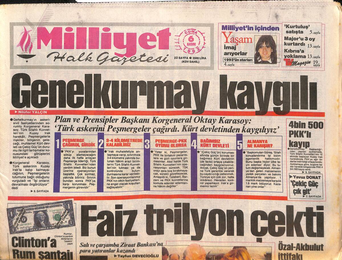 Milliyet Halk Gazetesi 6 Kasım 1992 - DGM'ye Karases Tehdidi - Galatasaray Kupayı İstiyor - Metin Aşık İstifa Etti GZ132561 - 1
