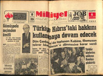 Milliyet Halk Gazetesi 6 Nisan 1964 - MacArthur Dün Öldü - Türkiye Kıbrıstaki Hakkını Kullanmaya Devam Edecek GZ118323 - 1