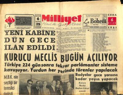 Milliyet Halk Gazetesi 6 Ocak 1961 - Kurucu Meclis Bugün Açılıyor GZ92800 - 1