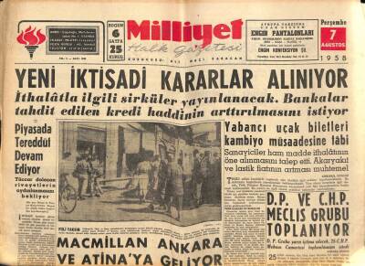 Milliyet Halk Gazetesi 7 Ağustos 1958 - Macmillan Ankara Ve Atinaya Geliyor GZ88741 - 1