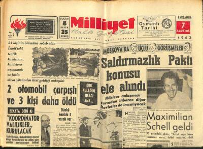 Milliyet Halk Gazetesi 7 Ağustos 1963 - Irak Kuvvetleri Barzâninin Karargâh Kurduğu Bölgeyi İşgal Ettiler - İngiliz Sosyetesi Endişe İçinde GZ118526 - 1