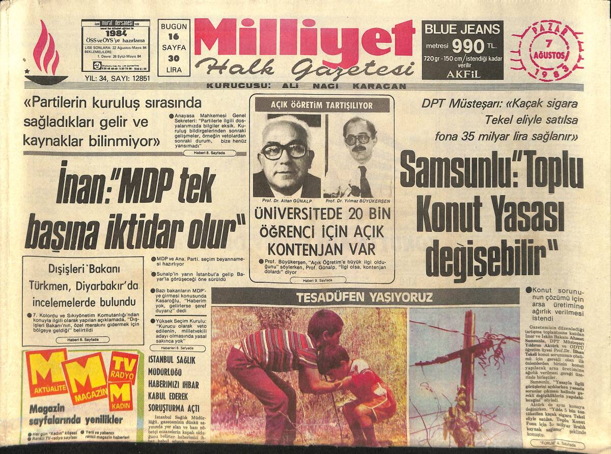 Milliyet Halk Gazetesi 7 Ağustos 1983 - Kuduz Olayları , Aşıya Hücuma Neden Oldu - İnan : '' MDP Tel Başına İktidar Olur '' GZ155345 - 1