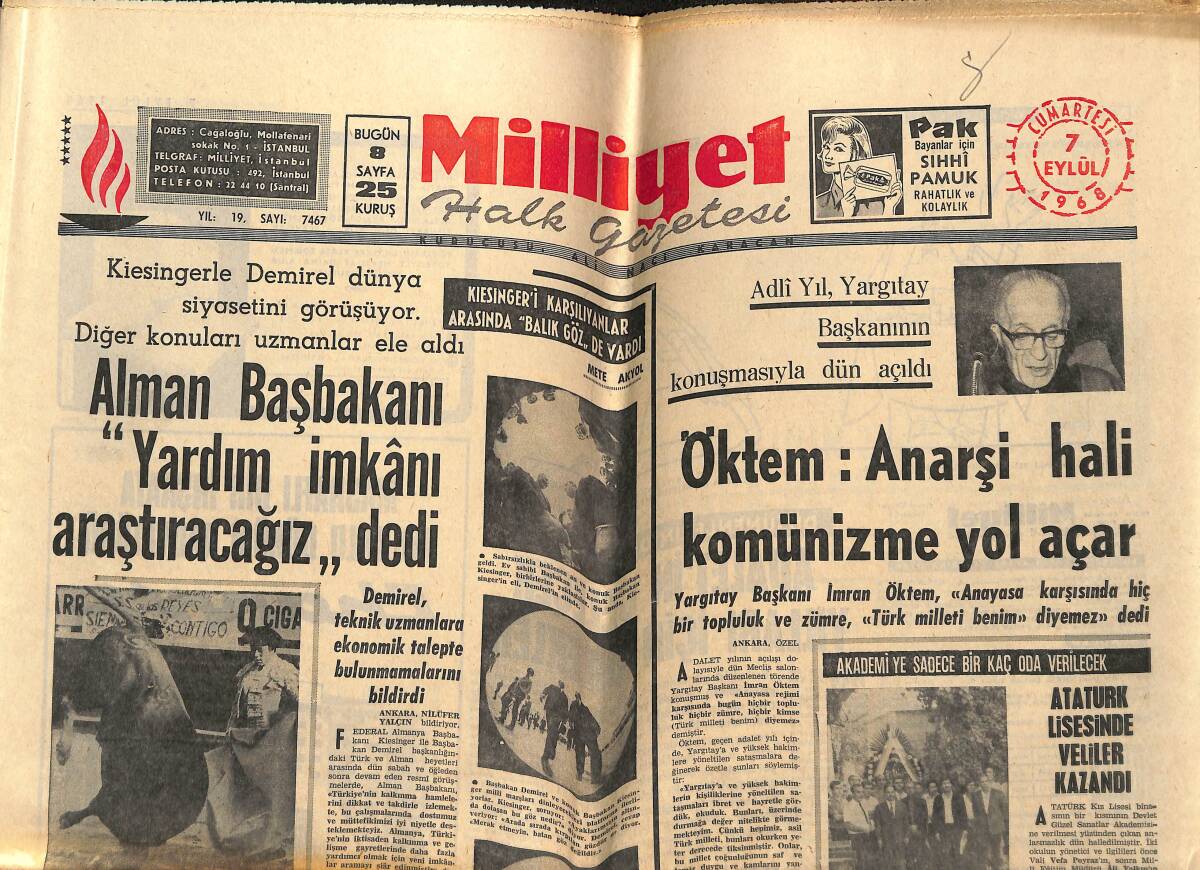 Milliyet Halk Gazetesi 7 Eylül 1968 - Alman Başbakanı Yardım İmkanı Araştıracağız Dedi - Kremlin Prag'a Özel Bir Temsilci Yolladı GZ148838 - 1