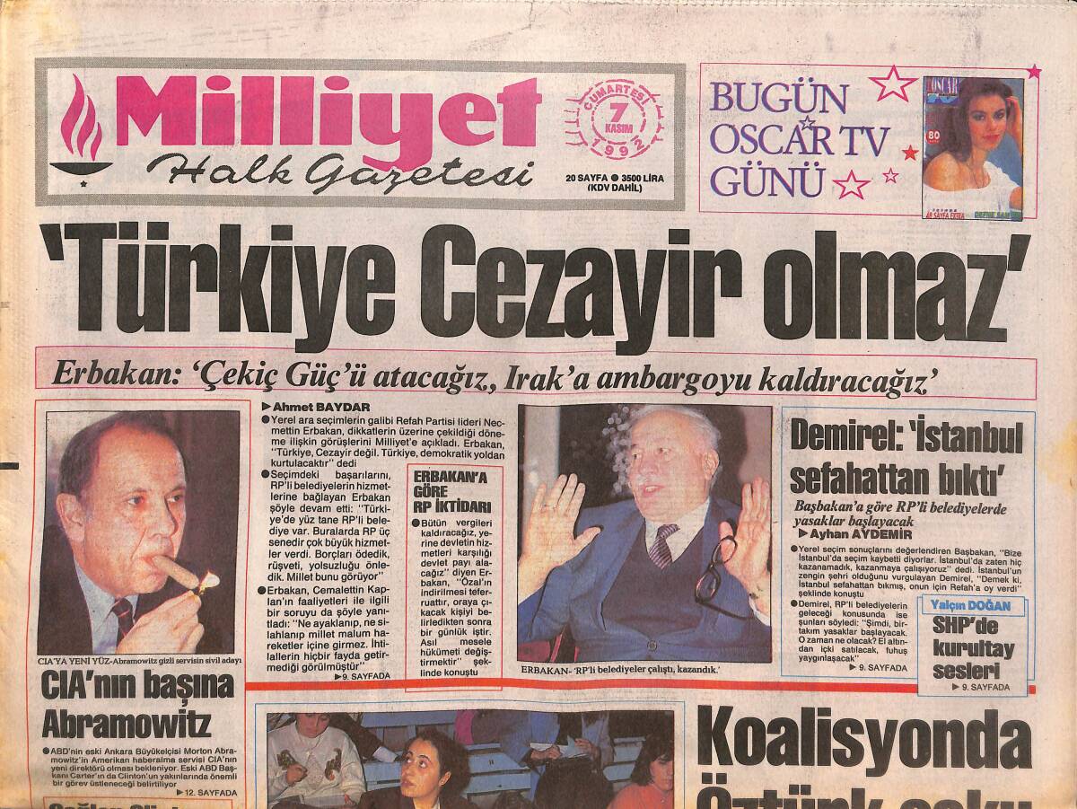 Milliyet Halk Gazetesi 7 Kasım 1992 - PKK , Alman Kentlerini Donattı - CIA'nın Başına Abramowitz GZ132562 - 1