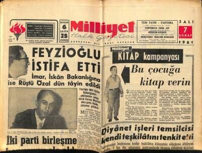 Milliyet Halk Gazetesi 7 Şubat 1961 - Feyzioğlu İstifa Etti GZ76144 - 1