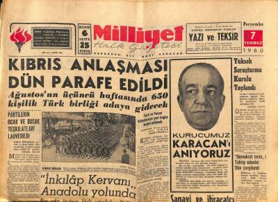 Milliyet Halk Gazetesi 7 Temmuz 1960 - Kıbrıs Anlaşması Dün Arefe Edildi - İnkılap Kervanı Anadolu Yolunda GZ92587 - 1