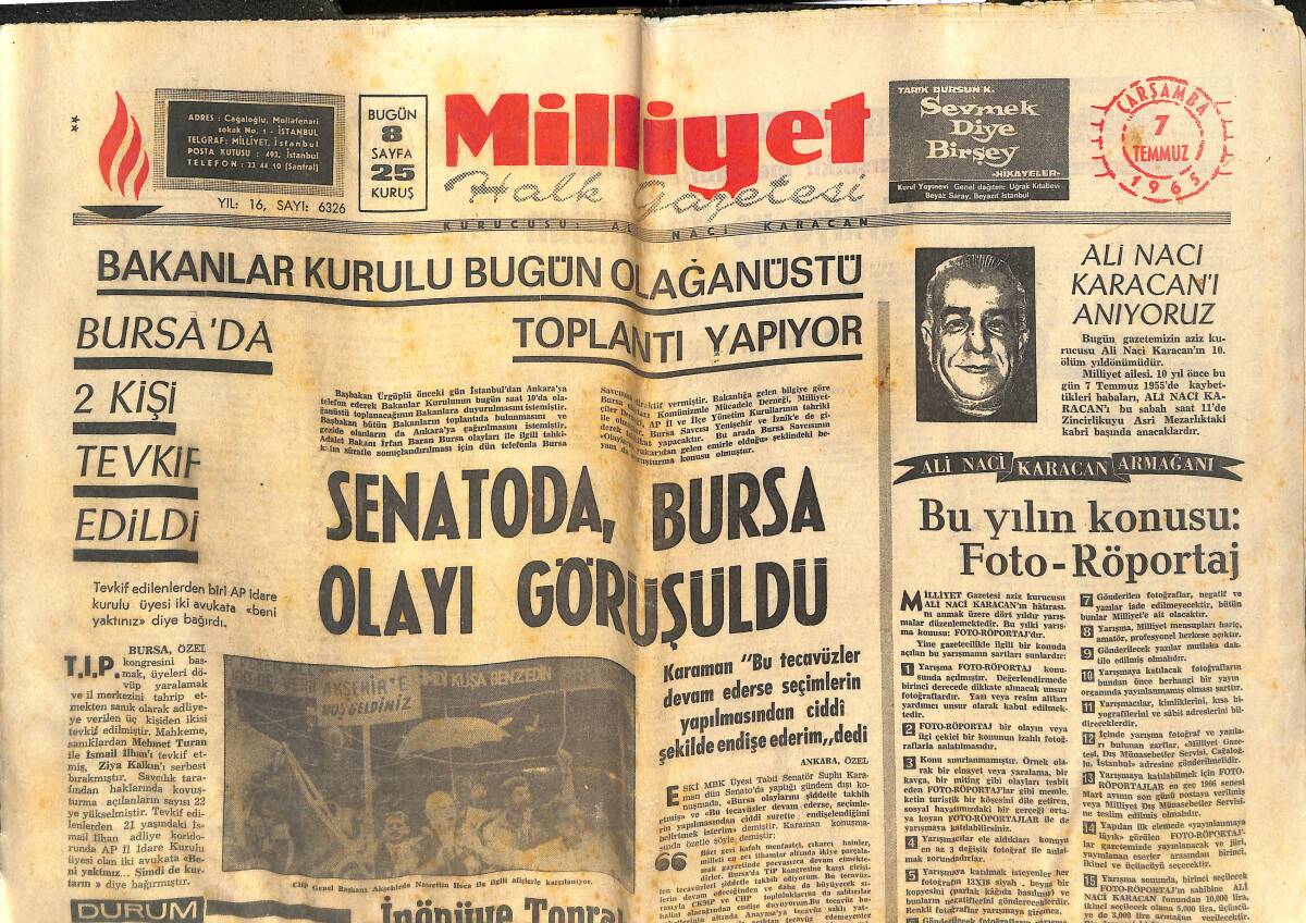 Milliyet Halk Gazetesi 7 Temmuz 1965 - Sophia Loren Ve Kocası Mahkemede - Petrol Komisyonu'nda Masalar Yumruklandı GZ143392 - 1