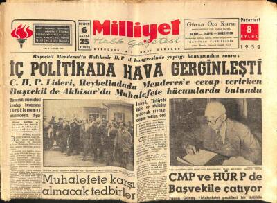Milliyet Halk Gazetesi 8 Eylül 1958 - İç Politikada Hava Gerginleşti GZ79204 - 1
