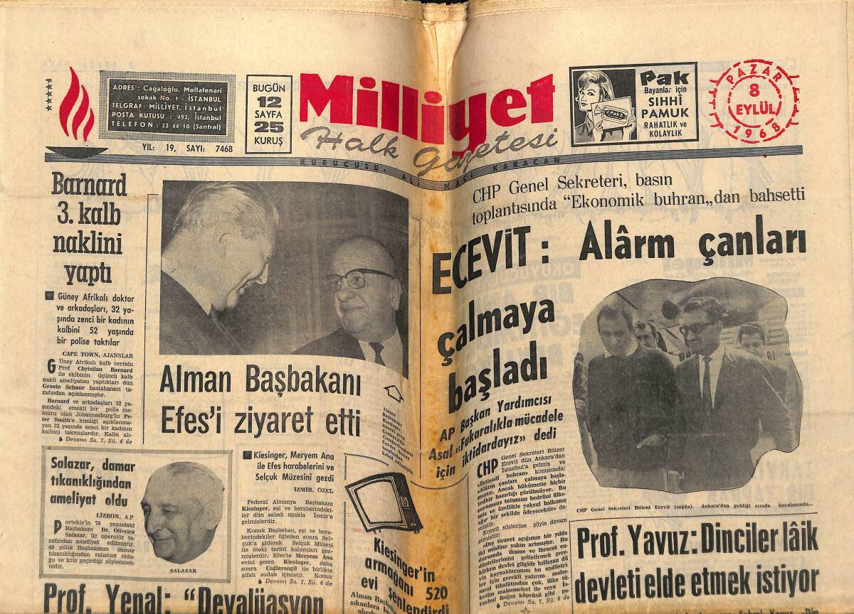 Milliyet Halk Gazetesi 8 Eylül 1968 - Alman Başbakan'ı Efes'i Ziyaret Etti - Demirel , Deprem Bölgesini Gezdi GZ148835 - 1