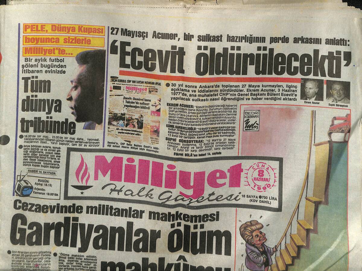 Milliyet Halk Gazetesi 8 Haziran 1990 - 27 Mayısçı Acuner: Ecevit Öldürülecekti - İnönü'nün 65 Yaş Pastası GZ152361 - 1