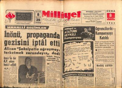 Milliyet Halk Gazetesi 8 Kasım 1963 - İnönü , Propaganda Gezisini İptâl Etti GZ118547 - 1