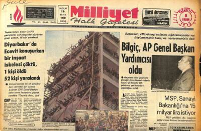 Milliyet Halk Gazetesi 8 Kasım 1976 - Diyarbakırda Ecevit Konuşurken Bir İnşaat İskelesi Çöktü , 1 Kişi Öldü 52 Kişi Yaralandı GZ85749 - 1