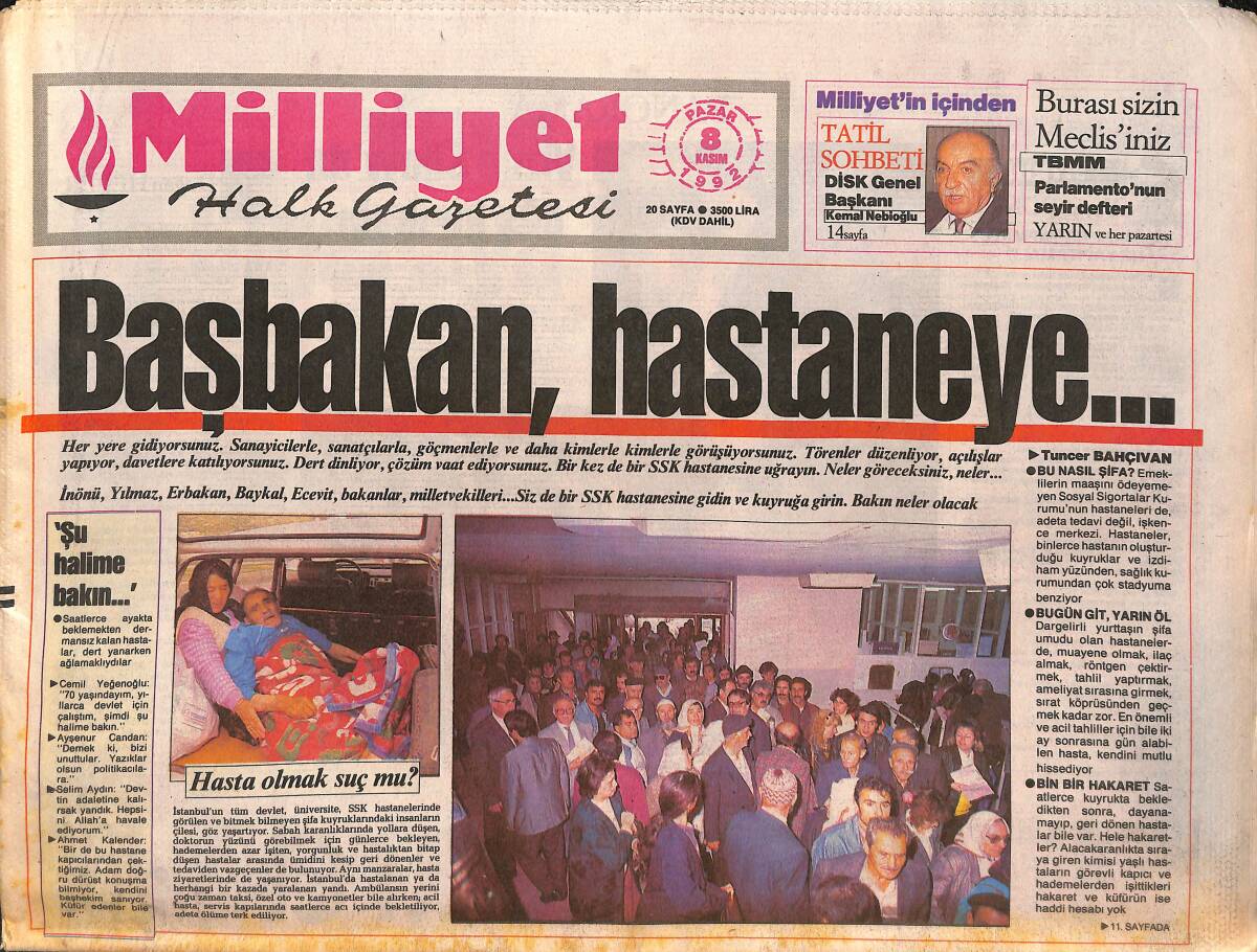 Milliyet Halk Gazetesi 8 Kasım 1992 - Avrupa'nın Kürt İnadı - Ege'ye Deprem Kilidi GZ132563 - 1