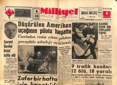 Milliyet Halk Gazetesi 8 Mayıs 1960 - Düşürülen Amerikan Uçağının Pilotu Hayatta GZ83060 - 1
