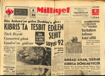 Milliyet Halk Gazetesi 8 Ocak 1964 - Kıbrısta Tesbit Edilen Şehit Sayısı 92 GZ91556 - 1