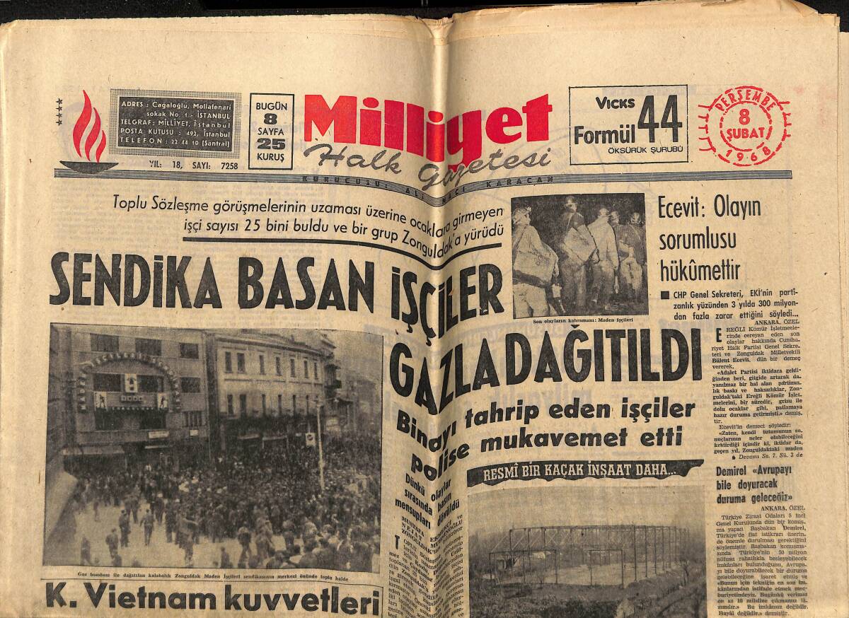Milliyet Halk Gazetesi 8 Şubat 1968 - Sendika Basan İşçiler Gazla Dağıtıldı - K. Vietnam Kuvvetleri Tank Hücumuna Geçti GZ148740 - 1