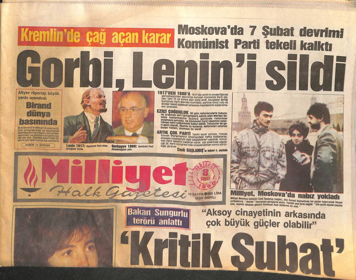 Milliyet Halk Gazetesi 8 Şubat 1990 - Gorbi , Lenin'i Sildi - TRT Ekibine Saldırı - Hazine Borç Batağında GZ133173 - 1