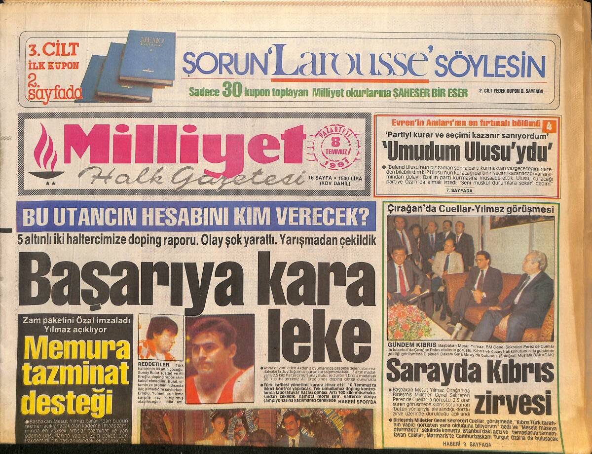 Milliyet Halk Gazetesi 8 Temmuz 1991 - İnönü'den Gözdağı - Halterde Bir Çuval Altını Berbat Ettik GZ132971 - 1