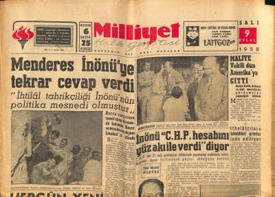 Milliyet Halk Gazetesi 9 Eylül 1958 - Menderes İnönüye Tekrar Cevap Verdi GZ79205 - 1