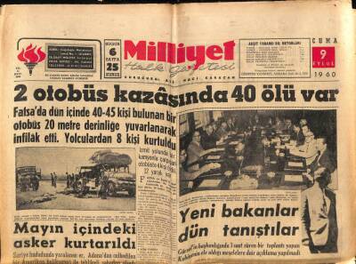 Milliyet Halk Gazetesi 9 Eylül 1960 - Fatsada Dün İçinde 40-45 Kişi Bulunan Bir Otobüs İnfilak Etti GZ81183 - 1