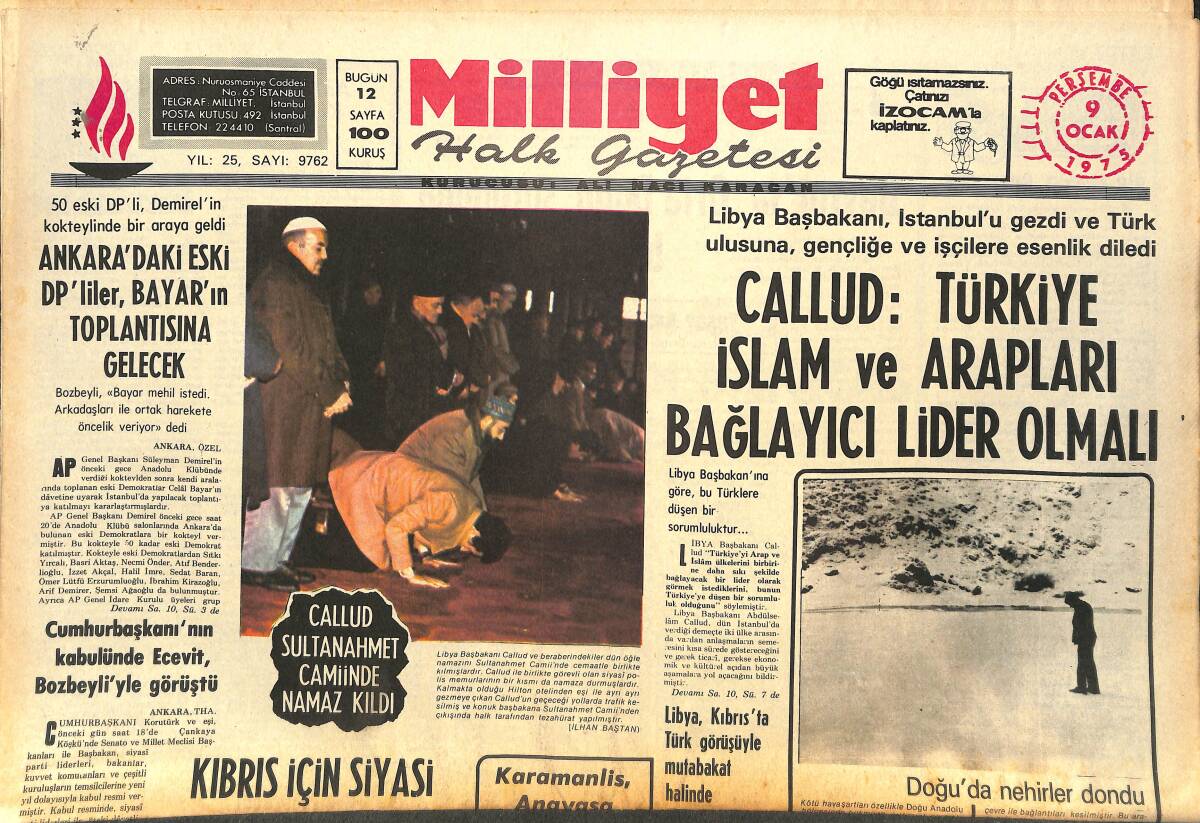 Milliyet Halk Gazetesi 9 Ocak 1975 - Bütün Üniversiteler , Özerk Hale Getiriliyor - Callud Sultanahmet Camiinde Namaz Kıldı GZ143703 - 1