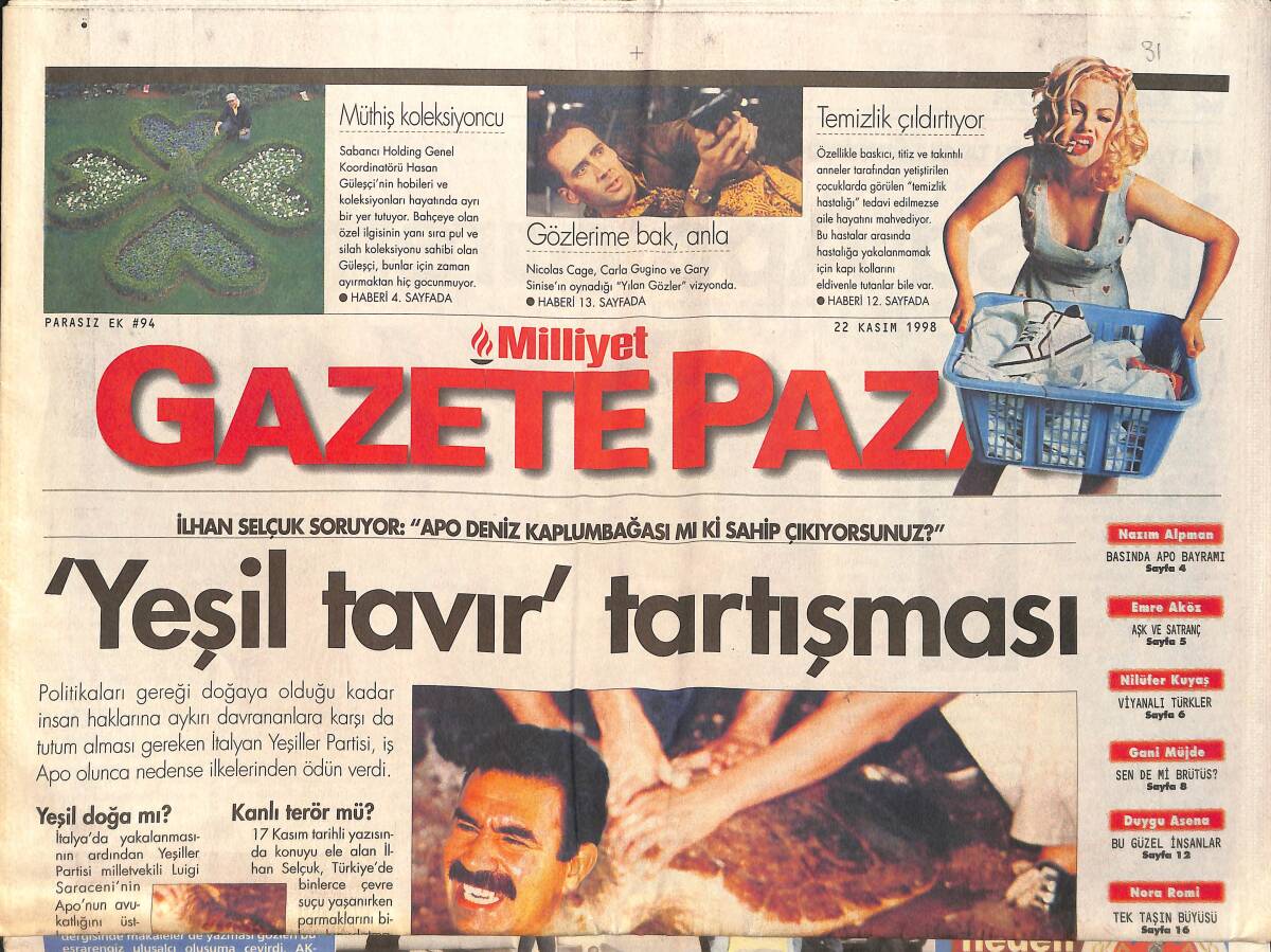 Milliyet Pazar Gazetesi 22 Kasım 1998 - Ebru Şallı'nın Seyir Defteri - Yeşil Tavır Tartışması GZ2096 - 1
