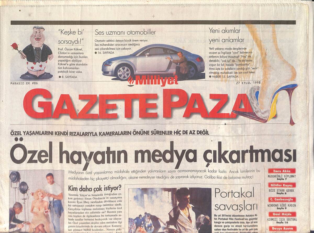 Milliyet Pazar Gazetesi 27 Eylül 1998 - Alevi Müziğinin Yükselişi - Jennifer Lopez'in Poposu Tartışmaya Açıldı GZ2978 - 1