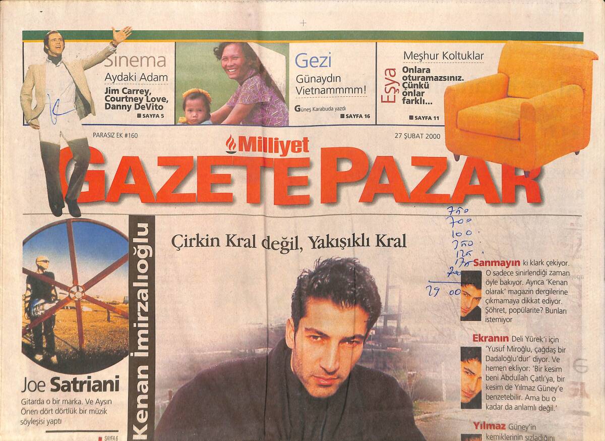 Milliyet Pazar Gazetesi 27 Şubat 2000 - Yakışıklı Kral Kenan İmirzalıoğlu - Meral Tamer Her Zaman Öğrenci GZ2874 - 1