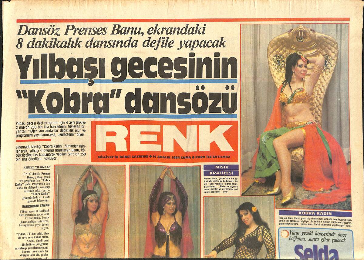 Milliyet Renk Gazetesi 14 Aralık 1984 - Dansöz Prenses Banu - Selda Bağcan Sahnede GZ3372 - 1