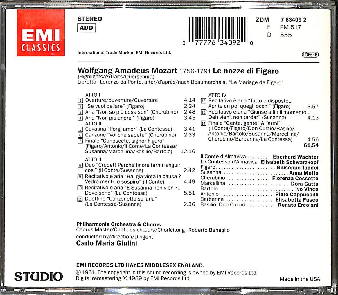 Mozart – Le Nozze di Figaro – Highlights – Giulini / Philharmonia Orchestra (İkinci El) CD5213 - 2