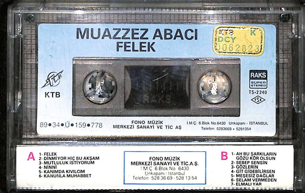 Muazzez Abacı – Felek Orijinal Kaset (ikinci El) * Fono Müzik - Kağıt Baskı - Sarı Bandrol - 1989 * KST30327 - 2