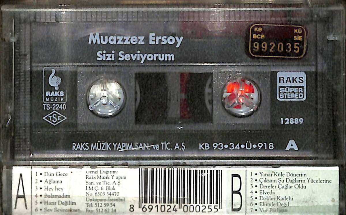Muazzez Ersoy - Sizi Seviyorum Orijinal Kaset (İkinci El) * Raks Müzik - Kırmızı Bandrol - 1993 * KST29970 - 2