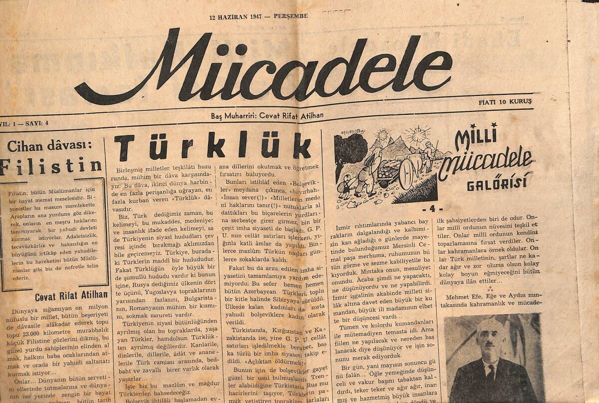 Mücadele Gazetesi 12 Haziran 1947 - Cihan Davası Filistin - Türk Muhafazakar Partisi Tüzüğü GZ136704 - 1
